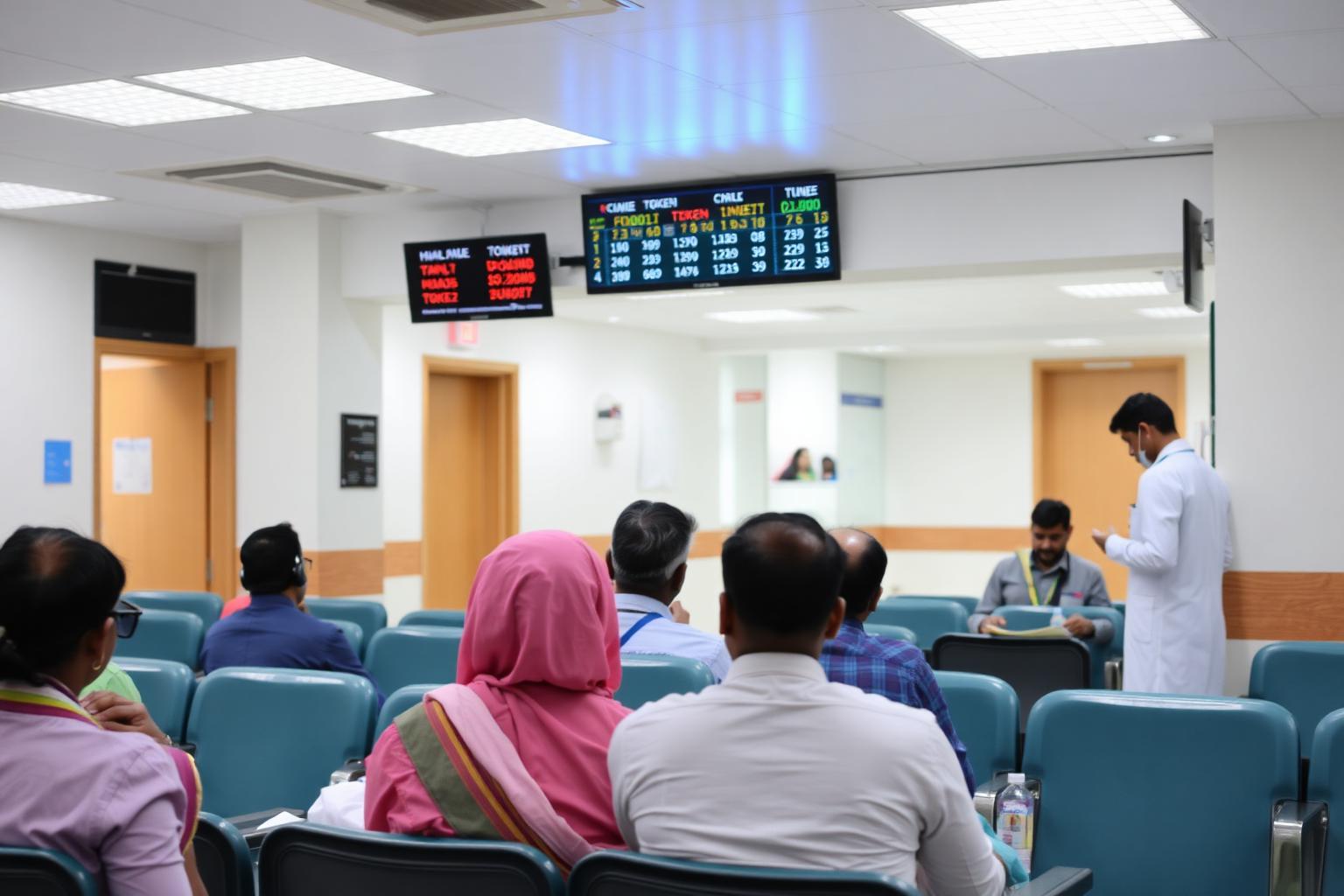 Indian hospital OPD waiting area with digital token display showing patient queue