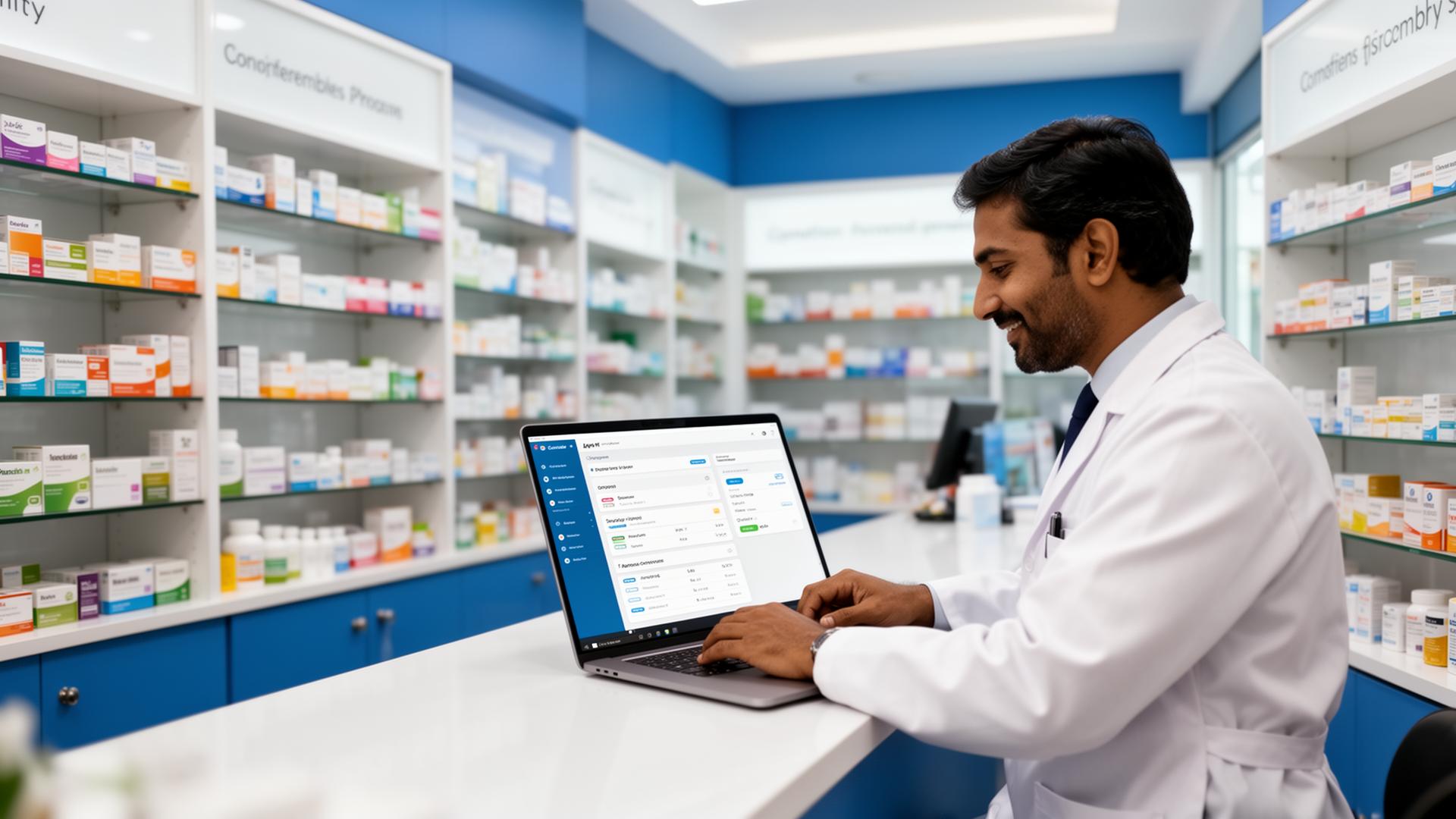 Indian pharmacist scanning medicine barcode at billing counter with inventory software