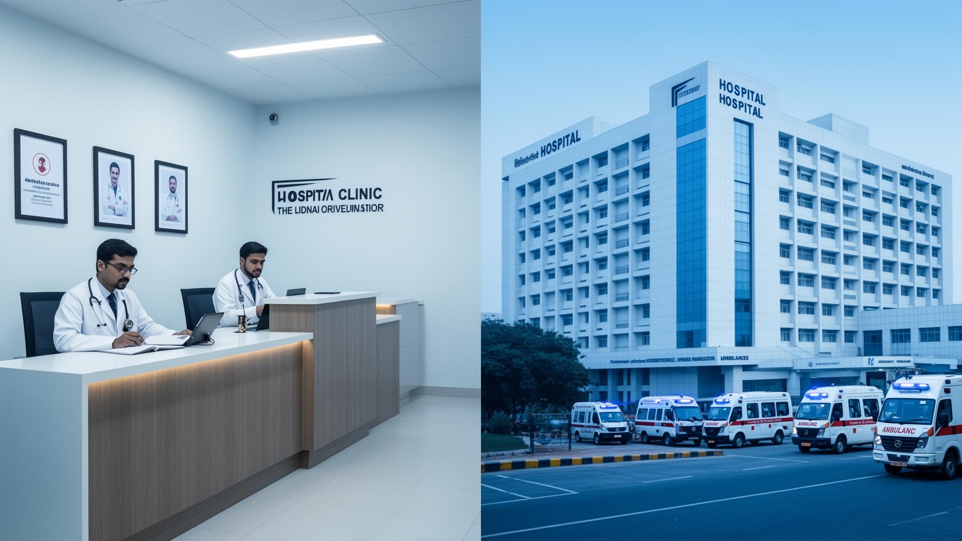 Split scene comparing a small clinic reception with a large multi-floor hospital