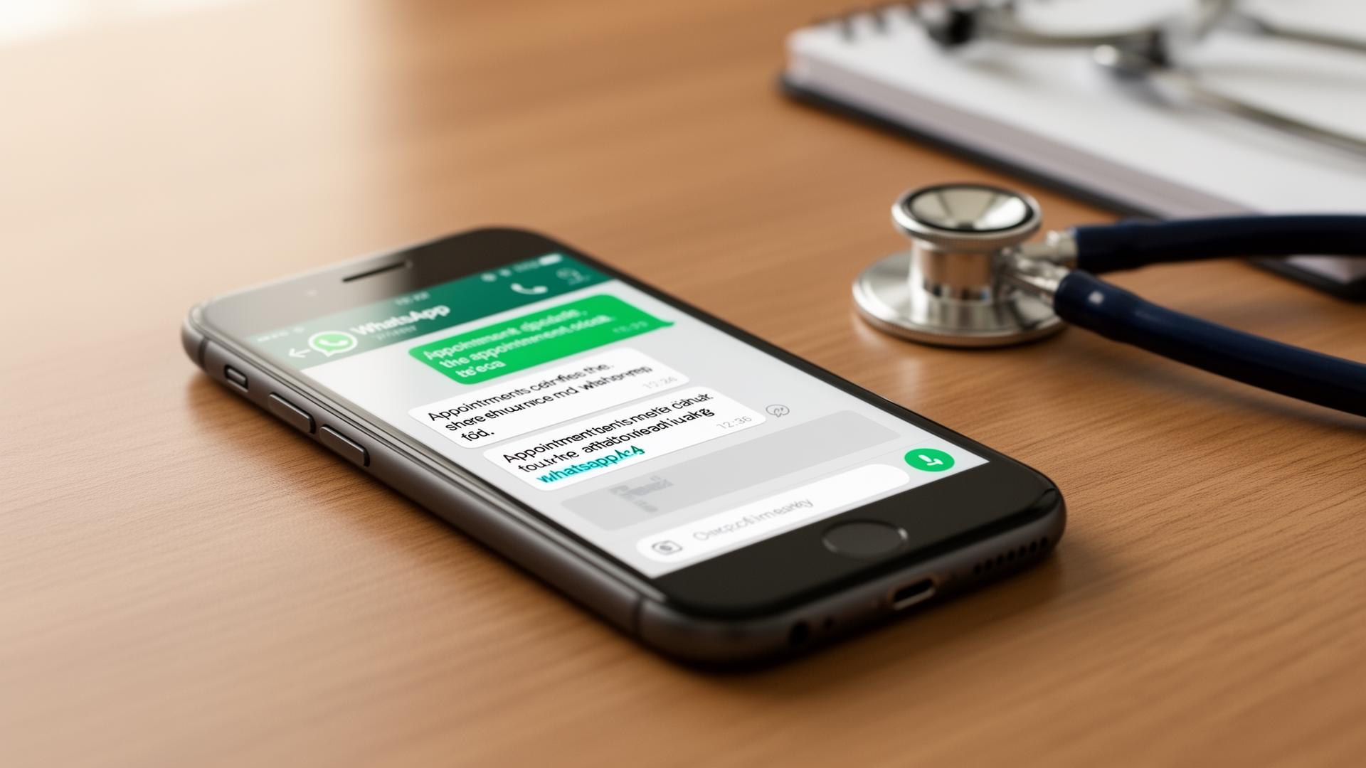 Smartphone on doctor desk showing WhatsApp appointment messages with stethoscope