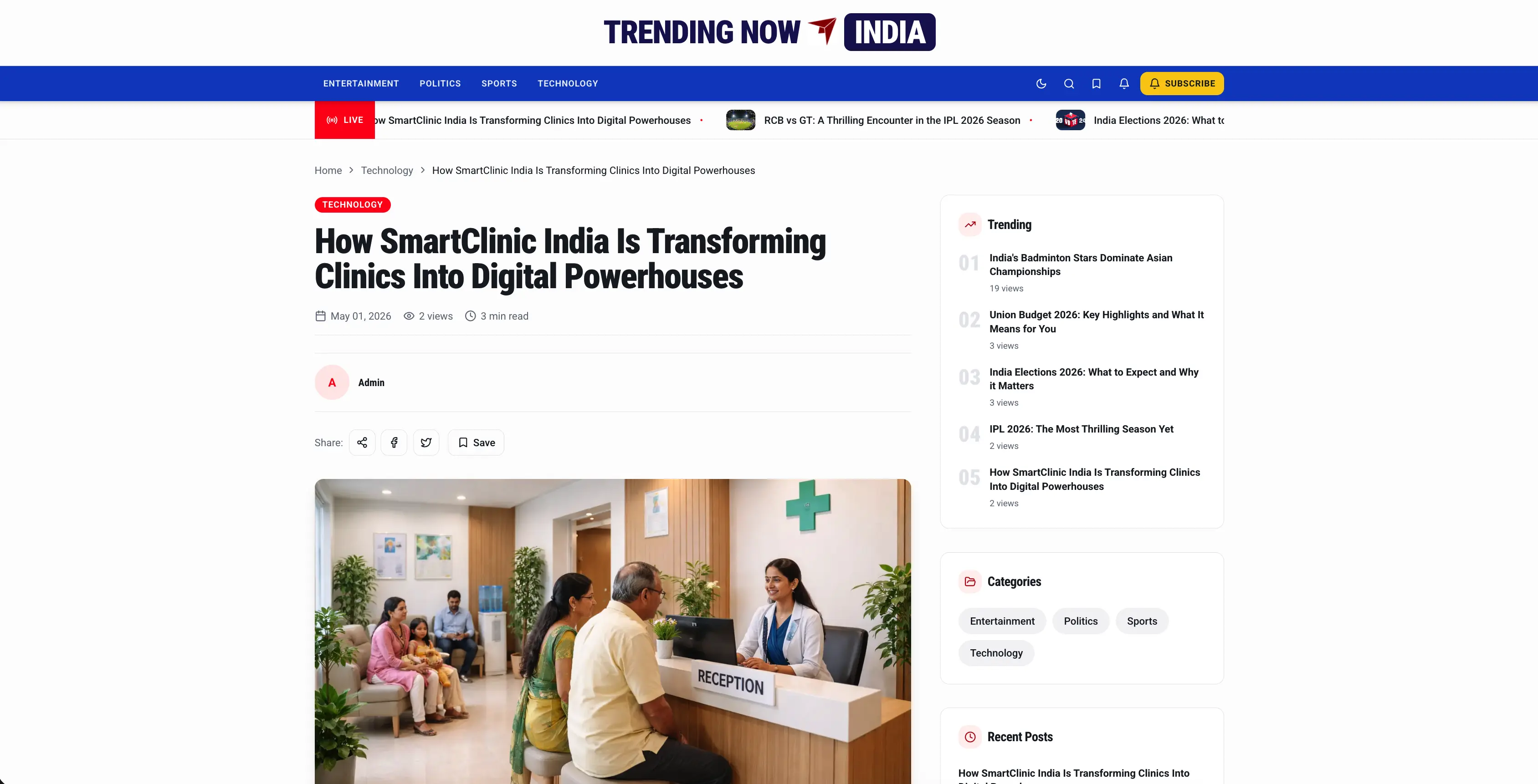 Trending Now India magazine cover featuring SmartClinic India clinic management software with an Indian doctor using a tablet dashboard