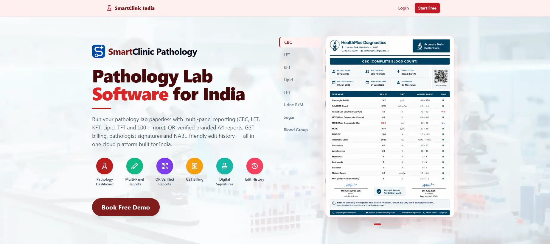 Pathology lab software with microscope and QR-verified report