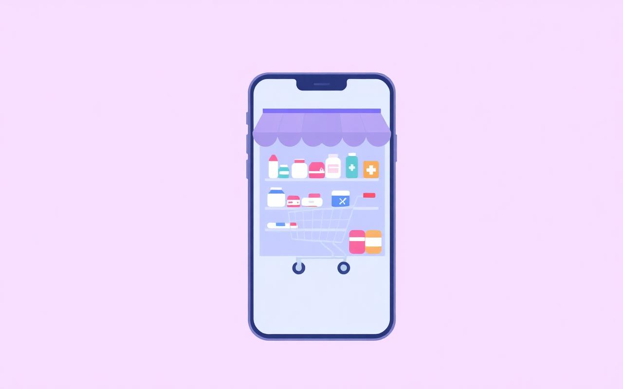 Online pharmacy storefront on a smartphone with shopping cart and medicines